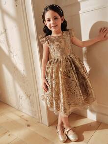 SHEIN Young Girl Lace Embroidery Round Neck Ruffle Hem A-Line Dress - Gold - View 4