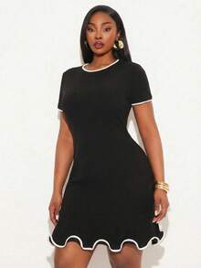 SHEIN SXY Vestido elegante de manga corta con cuello redondo y dobladillo con volantes para mujer de talla grande - Blanco y Negro - Ver 5