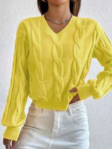 RueChic สเวตเตอร์ ถักลายสายเคเบิล แขนโคมไฟ - สีเหลือง - ดู 4