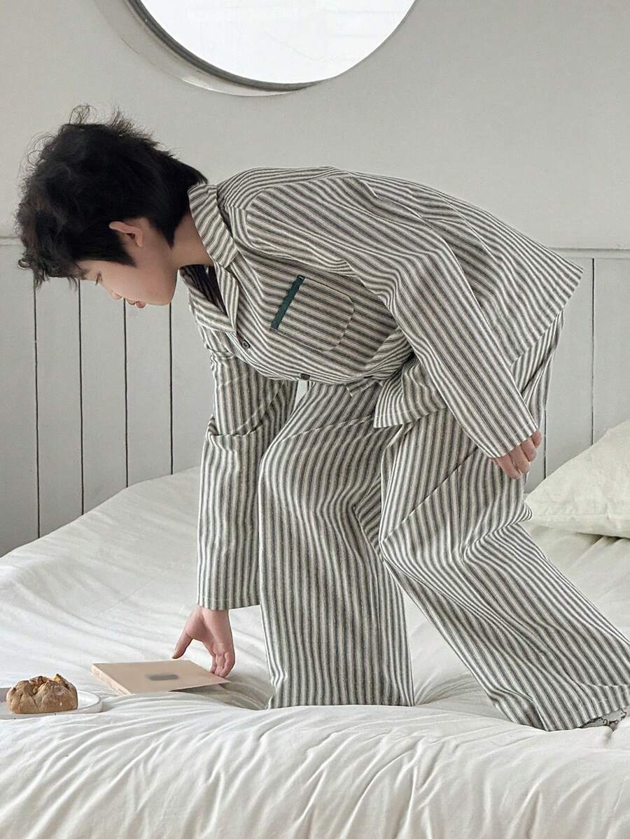 DAZY Tween Boy Comfortable Striped Button-Front Shirt And Pants Pajama Set, Autumn - Green - View 1