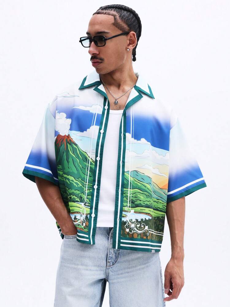 SUMWON Boxy Fit Revere Collar Printed Resort Shirt With Tropical Landscape All Over Pattern Short Sleeve Button Down Jamaica Paradise Mountain Print