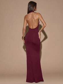 SHEIN BAE Đầm đen không tay ren cổ chữ V sâu, hở lưng gợi cảm, kiểu đuôi cá thanh lịch dành cho nữ, thích hợp cho đám cưới, phù dâu, khách dự đám cưới, tiệc cocktail, hẹn hò lãng mạn, họp mặt, sự kiện trang trọng. - Màu Đỏ Sâu - Xem 2