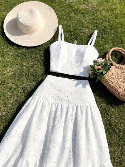 SHEIN MOD Plus Size Women Embroidered White Maxi Dress 2 Pieces Set, Multi-Layered Ruffle Hem, Suitable For Dates, Holidays, Picnics, Beaches, Comfortable, White Skirt And Top Set, White Eyelet Skirt And Top Set, White Two Piece Dress, White Eyelet Two Piece Dress, White Summer Outfit