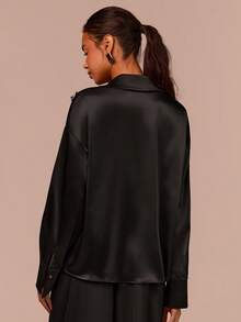 COSMINA Women's Elegant Rhinestone Decor Long Sleeve Blouse, Versatile For Office And Commute, All Season,  Satin Shirts For Women,  Black Button Up Shirt Women,  Rhinestone Shirt,  Satin Blouses For Women,  Sexy Blouses - Black - View 2