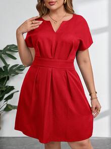 SHEIN Clasi 大码纯色V领系带优雅夏季连衣裙 - 紅色 - 查看 3