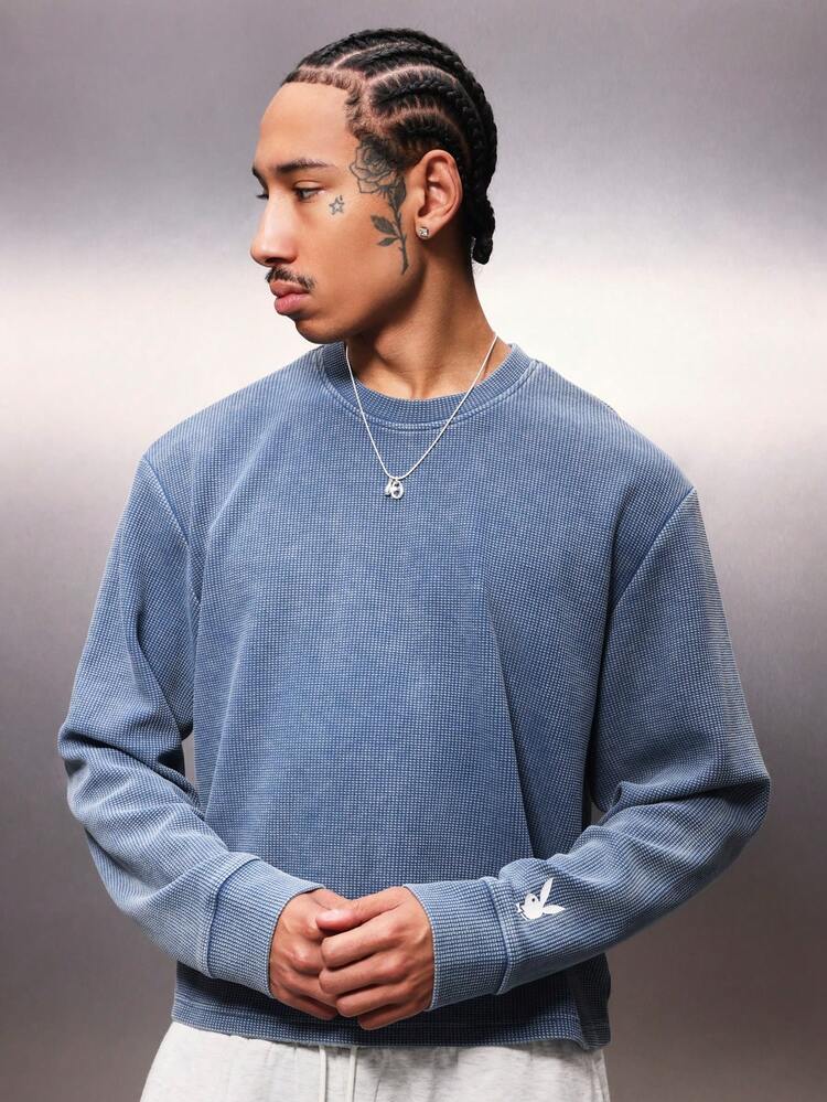 PLAYBOY X SUMWON Koszulka męska Essentials Oversize z długim rękawem i okrągłym dekoltem, z nadrukiem kursywą na plecach, wygodna, swobodna, z mieszanki bawełny