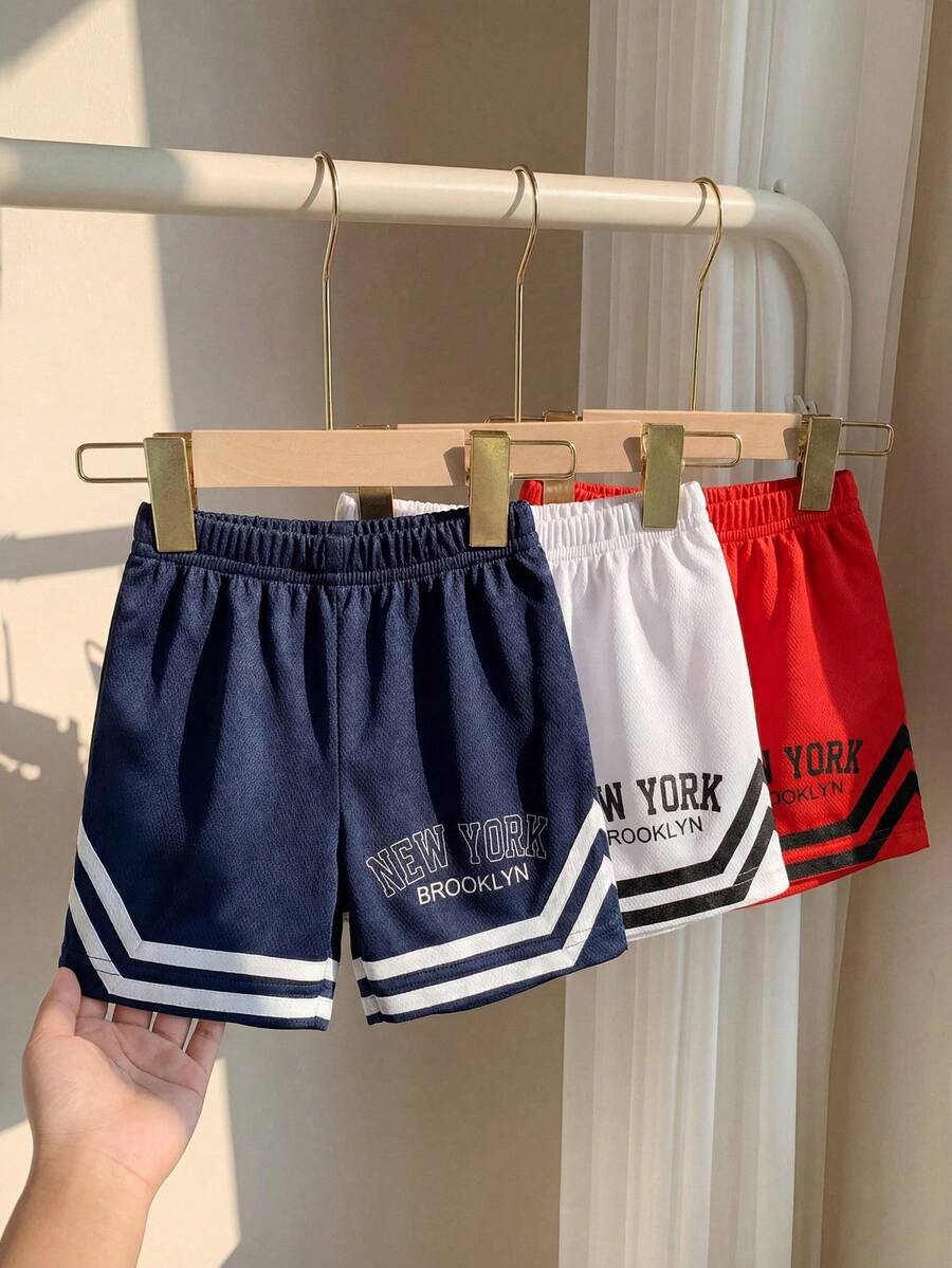 3 piezas Pantalones cortos deportivos con estampado numérico y cintura elástica para niños pequeños, azul/blanco/rojo, tela de punto suave y elástica, adecuado para actividades al aire libre, diseño sencillo y cómodo, elementos numéricos, estilo deportivo, opciones de varios colores, apto para primavera/verano, 6M-3T - Multicolor - Ver 1