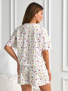 SHEIN 纯棉女士两件套彩色花卉图案纽扣蕾丝装饰睡衣套装，包括T恤和短裤，休闲可爱。 - 白色 - 查看 2