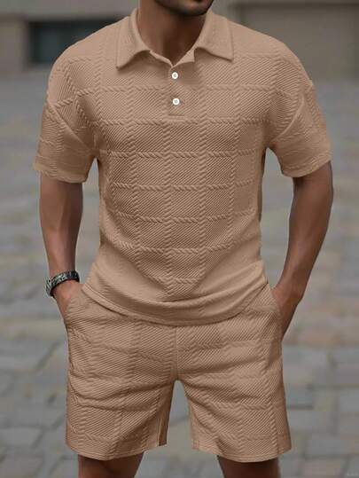 Manfinity Homme Men's Summer Casual Solid Color Short Sleeve Polo Shirt And Shorts Set (Irregular)