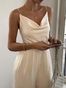 DAZY Damen eleganter einfarbiger ärmelloser Romper mit weitem Bein, Sommer Romper - Beige - Übersicht 1
