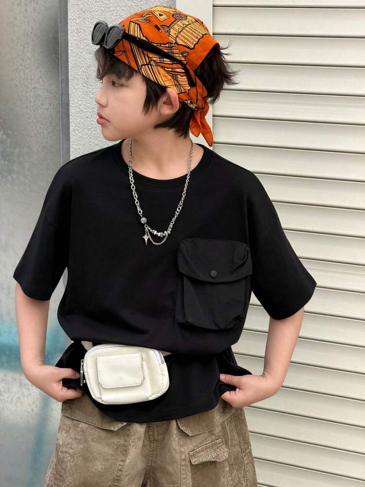 Tween Boy Solid Color Crew Neck Short Sleeve Utility Pocket Casual T-Shirt