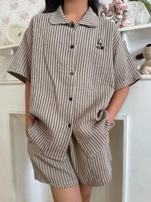 DAZY Teen Girl Cartoon Bear Striped Short Sleeve Button-Up Top And Shorts Pajama Set - Khaki - View 5