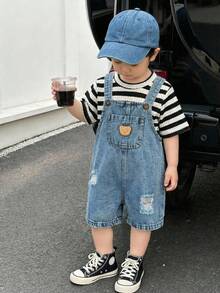 SHEIN 两件套男女宝宝通用服装，男宝宝休闲可爱小熊黑白条纹T恤搭配蓝色牛仔背带裤套装，春夏款 - 彩色 - 查看 10