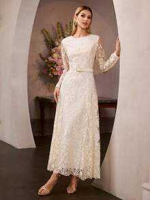 MOTF PREMIUM ELEGANT EMBROIDERED MESH LONG DRESS WITH BELT - Apricot - View 7