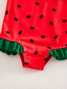 SHEIN 连体式男/女童休闲卡通水果西瓜图案泳衣和帽子套装 - 彩色 - 查看 3