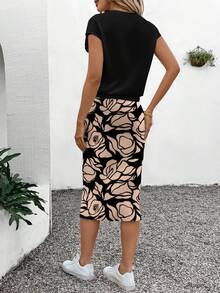 SHEIN LUNE Women's Elegant Batwing Sleeve Top And Floral Print Pencil Skirt Set, Vacation Style - Multicolor - View 3