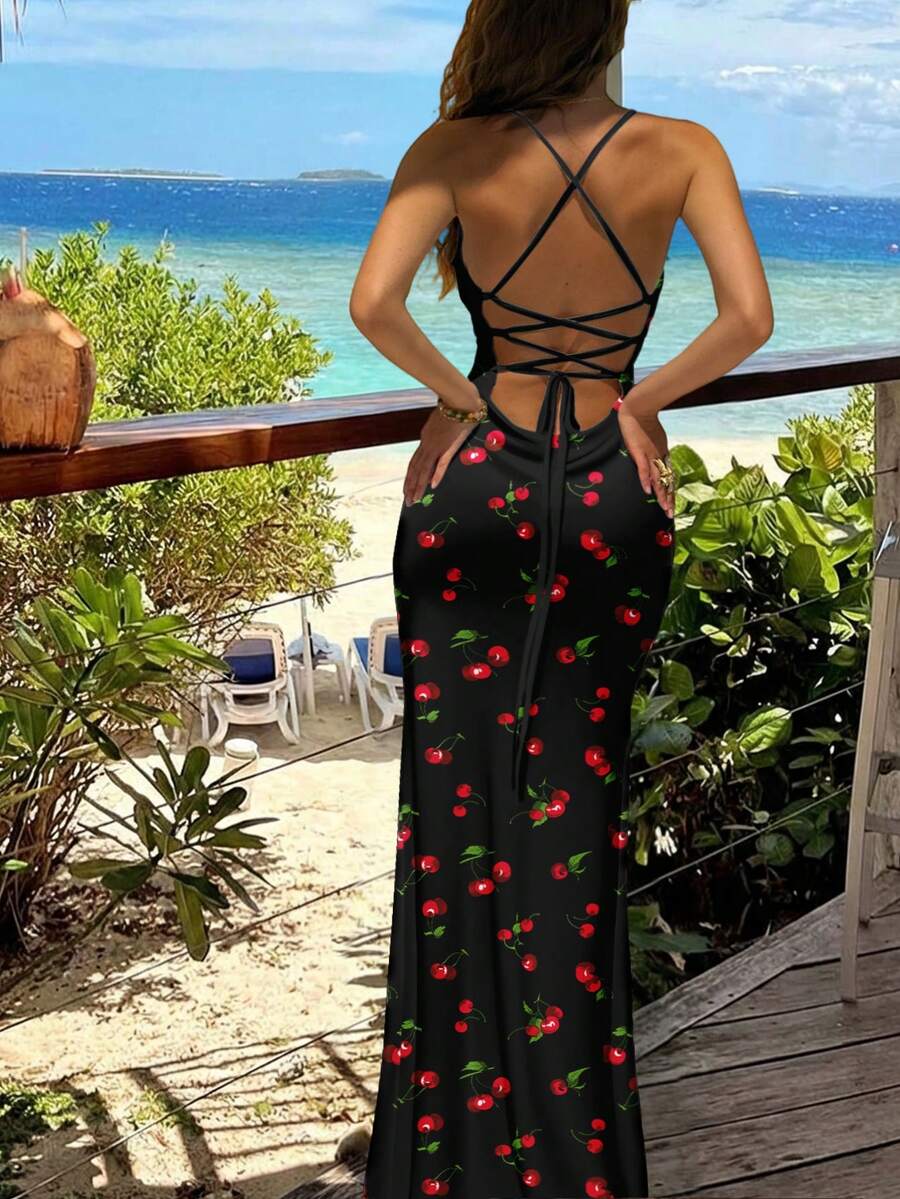 Aloruh 女士休闲优雅修身连衣裙，露背设计，适合女士夏季和度假穿着，樱花印花 - 彩色 - 查看 1