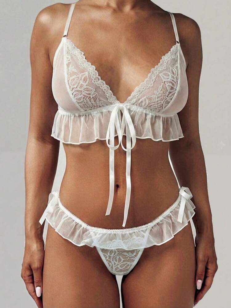MISSGUIDED Lace Ruffle Lingerie Set Sheer Mesh Bralette Triangle Cups Tie Front Top Underwear Intimate Apparel Collection