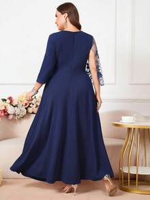 Reflora 大码优雅派对连衣裙，饰有3D立体花卉刺绣和网纱拼接 - 藍色 - 查看 2