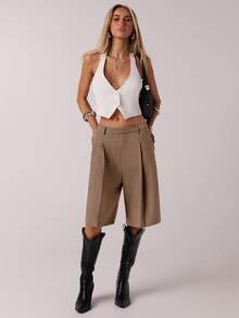 SHEIN Forever 21 Women's Simple Casual Commuter Khaki Bermuda Shorts, Summer Work Business - Mocha Brown - View 7