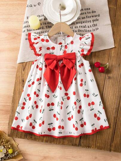 SHEIN Babygirl Cute Casual Vacation Cherry Pattern Color Block Dress