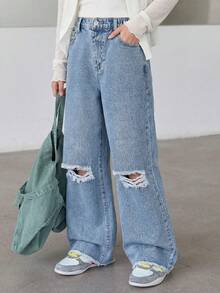 Tween GirlsCasual Basic Comfortable Elegant Fresh Wide Leg Loose Fit Pure White Jeans - Medium Wash - View 1