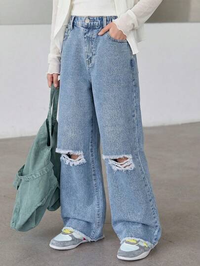 Jeans blancos anchos y sueltos, elegantes y frescos, de ajuste cómodo y básico para niñas preadolescentes