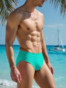ZELFYO Men's Simple Solid Color Swim Briefs, Summer Beach Vacation, Holiday - Mint Green - View 3