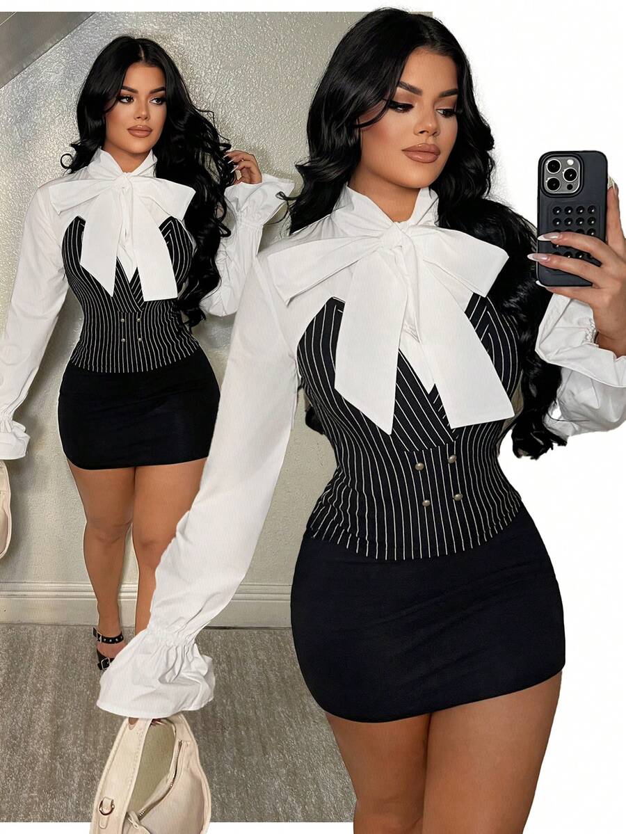 SHEIN SXY 女士条纹印花系领优雅长袖衬衫 - 彩色 - 查看 1