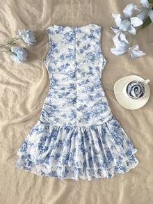 SHEIN Đầm ngắn không tay dáng ôm, cổ tròn bất đối xứng, dành cho thiếu nữ, kiểu dáng thanh lịch, họa tiết hoa Pháp xếp nếp 3D, thích hợp cho dạo phố mùa xuân hoặc mặc hàng ngày. - Màu xanh lam - Xem 5