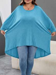 SHEIN CURVE+ Áo thun cỡ lớn dáng rộng, vạt cánh dơi bất đối xứng, trước ngắn sau dài, cổ tròn, màu trơn, co giãn, mềm mại, thoải mái, đa năng, thời trang, mặc hàng ngày cho nữ, mùa thu, CURVE PLUS/Thu/Đông - Màu xanh nhạt - Xem 5