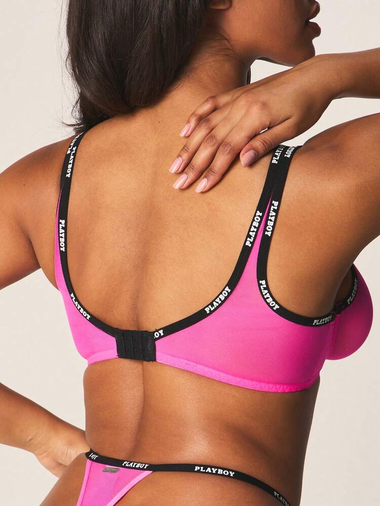 Missguided x Playboy Mesh Bralette And Thong Set With Cut Out Detail Contrast Elastic Tape Trim Intimate Lingerie Collection