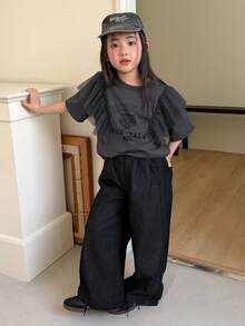 DAZY Young Girls Round Neck Ruffle Mesh Casual Short Sleeve English Letter Print T-Shirt - Grey - View 1