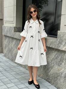 SHEIN 少女休闲时尚学院风纯色不对称拼接蝴蝶结装饰喇叭袖修身衬衫裙，白色衬衫裙 - 白色 - 查看 3