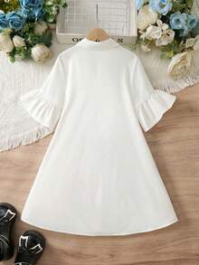 SHEIN 少女休闲时尚学院风纯色不对称拼接蝴蝶结装饰喇叭袖修身衬衫裙，白色衬衫裙 - 白色 - 查看 8