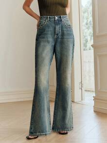 Anewsta Quần jeans ống loe màu xanh dương kiểu retro có túi dành cho nữ. - Màu xanh lam - Xem 5