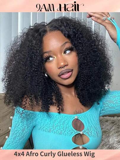 4X4 Glueless Lace Afro Kinky Curly 180% Density Wigs Human Hair Transparent Pre-Cut Lace Closure Wig Pre Plucked Black Color Afro Kinky Curly Wigs For Women Daily Use More Softer And Healthier Hair