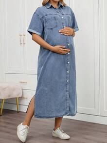 SHEIN 孕妇翻领纽扣口袋休闲日常牛仔短袖连衣裙 - 藍色 - 查看 6