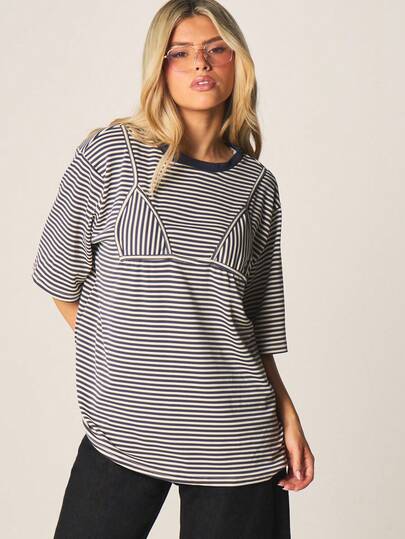 MISSGUIDED Oversized Striped T-Shirt With Triangle Bra Detail Short Sleeve Crew Neck Casual Summer Top Relaxed Fit Layered Design