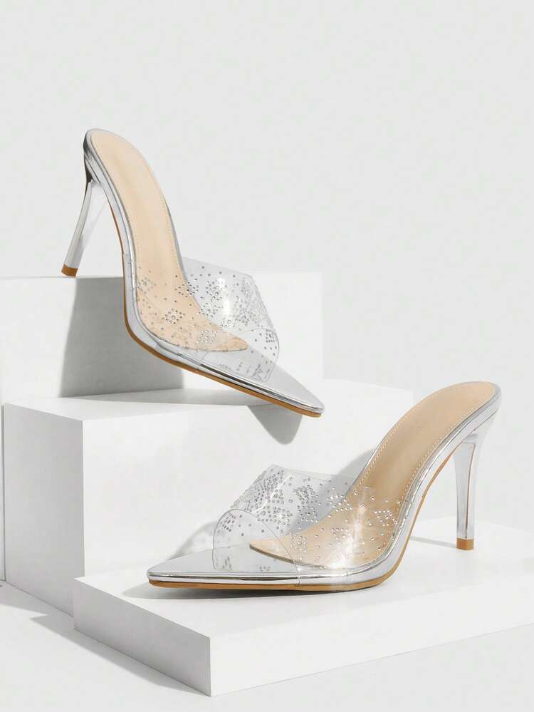 CUCCOO SZL Women Shoes Summer New Silver Transparent Film Rhinestone Women's High Heel Sandals Fashion Gorgeous Sexy Party Banquet Women's Sandals Slippers Valentine's Day