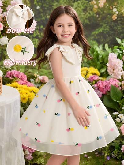 Young Girls Spring/Summer Shallow Apricot New Dress, Detachable 3D Bow Decor On Shoulders, Apricot Solid Color Satin Fabric Patchwork With Delicate Floral Embroidery And Mesh, Sleeveless Round Neck Dress, Suitable For Young GirlHigh-End, Elegant, Graceful, Lady-Like, Suitable For Daily, School, Outing, Holiday, Party, Spring/Summer Occasion