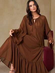 Aveloria Rosie Fashionable Versatile Layered Ruffle Chiffon Sheer Blouse & Long Skirt 2 Pieces Set, European Style - Coffee Brown - View 1
