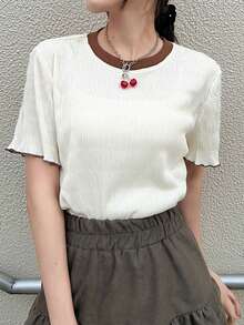FRIFUL Women's Casual Loose Fit Contrast Color Trim T-Shirt, Versatile For Spring And Summer - Beige - View 6