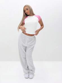 BABYPHAT 罗纹短袖插肩T恤，撞色粉色袖子，圆领休闲夏季上衣 - 白色 - 查看 8