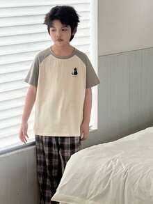 DAZY Tween Boy Letter & Cartoon Cat Print Raglan Sleeve Top And Plaid Pants Pajama Set - Apricot - View 4
