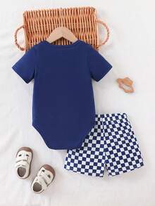 SHEIN Playful Pals Toddler Boys' Fresh & Cute Plaid Print Romper Set, Spring/Summer - Blue - View 2