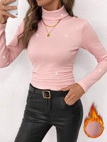SHEIN Clasi Women's High Neck Rhinestone Glitter Fitted Elastic Solid Black Knit Top, Autumn/Winter - Pink - View 6