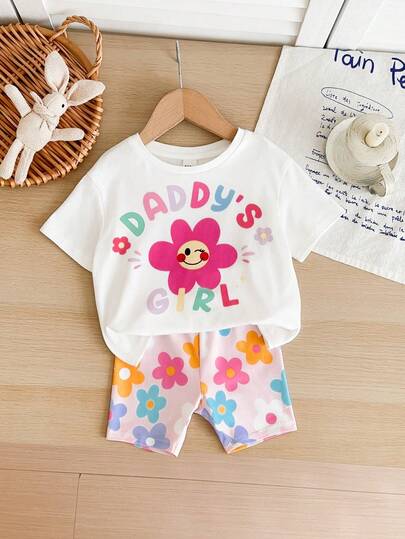 SHEIN Babygirl Cute Casual Knit Colorful Floral Print Short Sleeve T-Shirt And Shorts Set