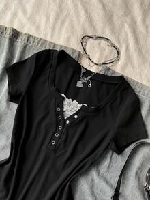 Attitoon Áo thun ôm sát nữ kiểu dáng thường ngày, phối ren, phong cách vintage, grunge, Y2K. - màu đen - Xem 6