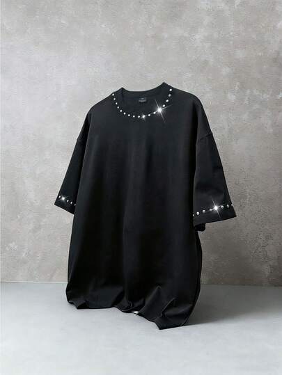  SUMWON Oversized Crew Neck Short Sleeve T-Shirt With Metal Studded Neckline And Sleeve Hem Details Casual Streetwear Top Plain
